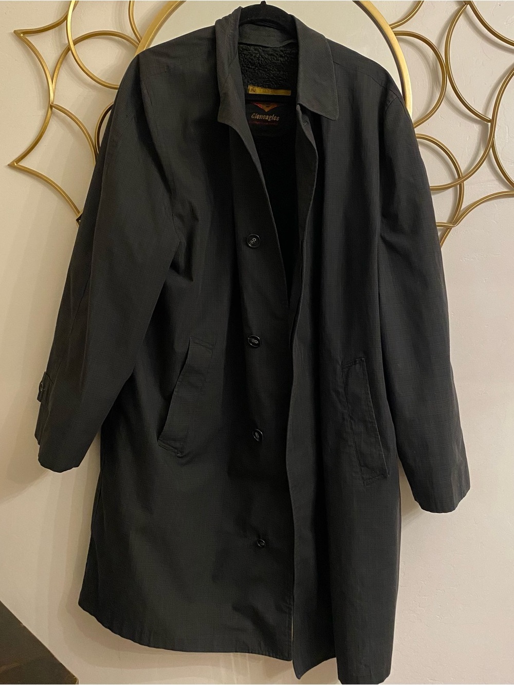 Gleneagles Vintage Gray Plaid Trench Coat Men’s 44 Faux Fur Lined Goth Newsie